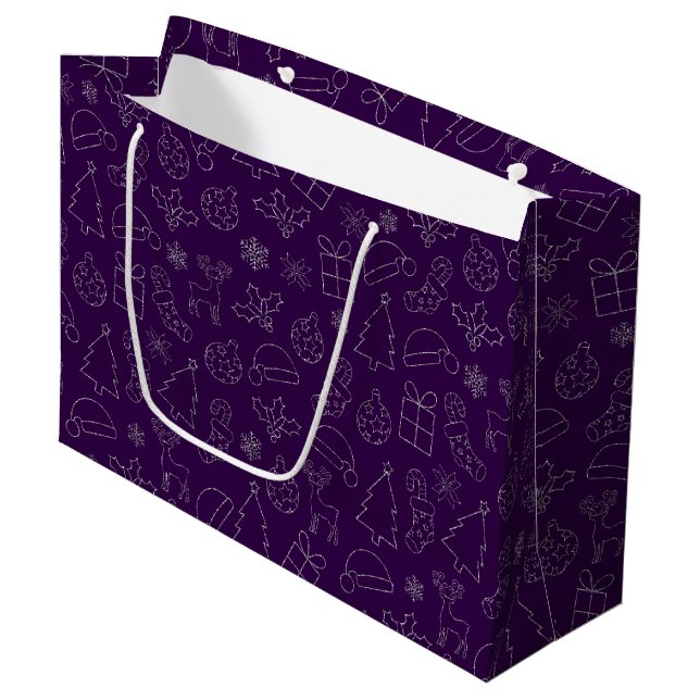 Grand Sac Cadeau Élégant violet et Parties scintillant argent Motif (Devant Angle)