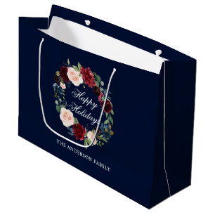 Grand Sac Cadeau Elégante aquarelle florale Wreath Joyeuses vacanc