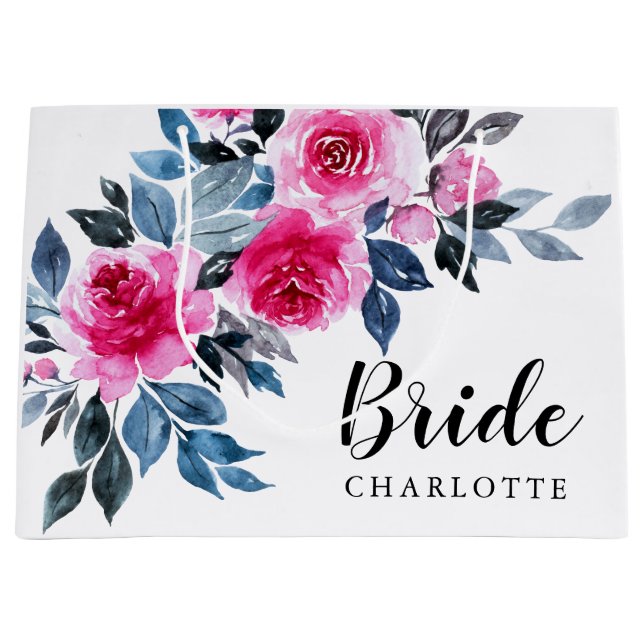 Grand Sac Cadeau Elégante Aquarelle rose Floral Bride (Devant)