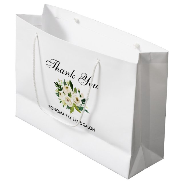 Grand Sac Cadeau Elégante aquarelle vert blanc Merci floral (Devant Angle)