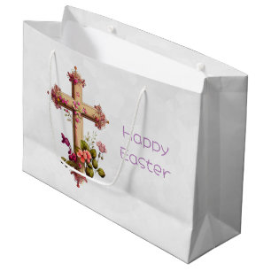 Grand Sac Cadeau Elégante Croix en bois aux fleurs roses Pâques