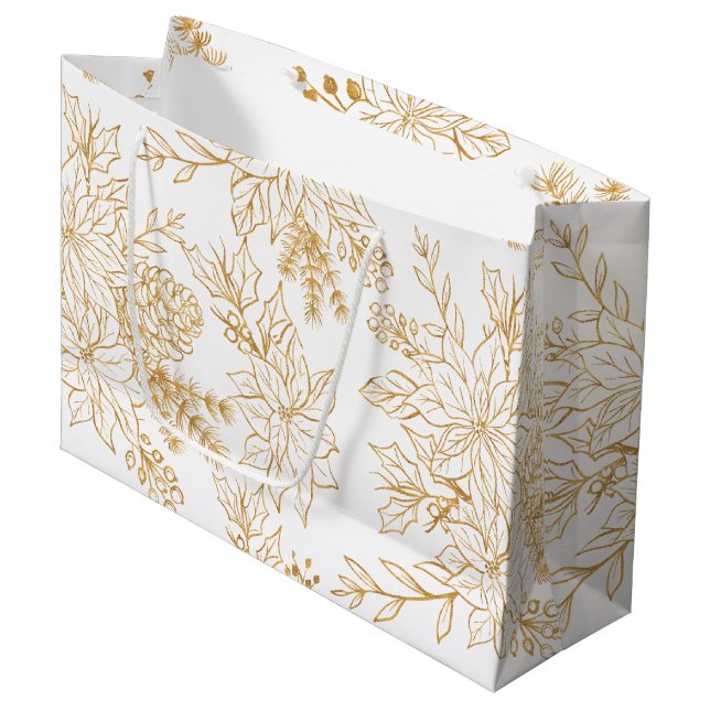 Grand Sac Cadeau Élégante Gold Line Art Noël Floral (Devant Angle)