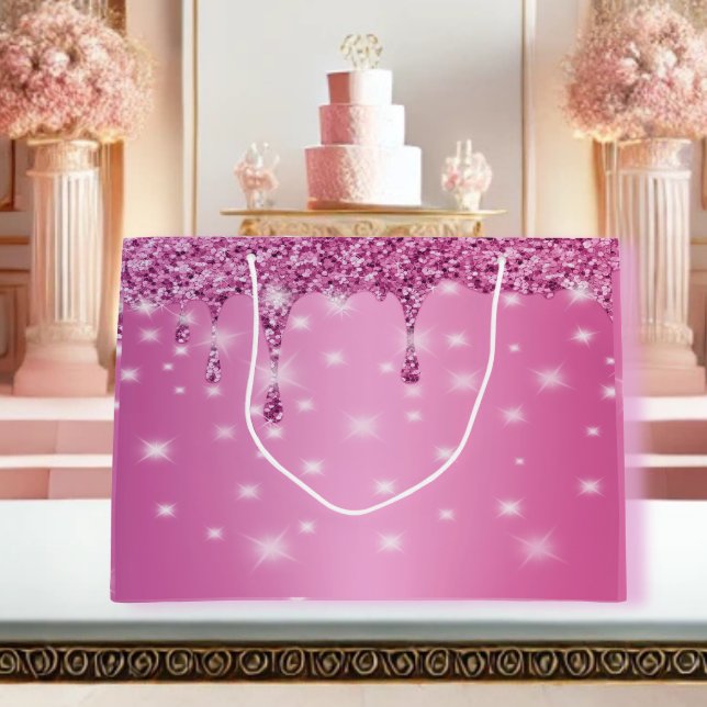 Grand Sac Cadeau Élégante Goutte de Paillettes Rose Chaud (Elegant Hot Pink Glitter Drip Large Gift Bag – Perfect for Birthdays, Weddings, and Special Gifts!)