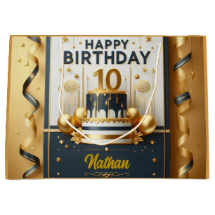 Grand Sac Cadeau Elégante Marine Bleu & Or 10e anniversaire Célébra