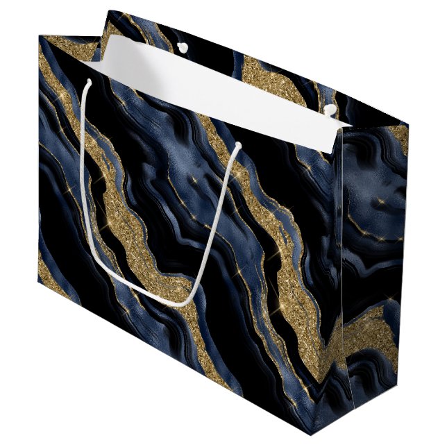 Grand Sac Cadeau Elégante Marine Blue & Gold Parties scintillant Ag (Devant Angle)