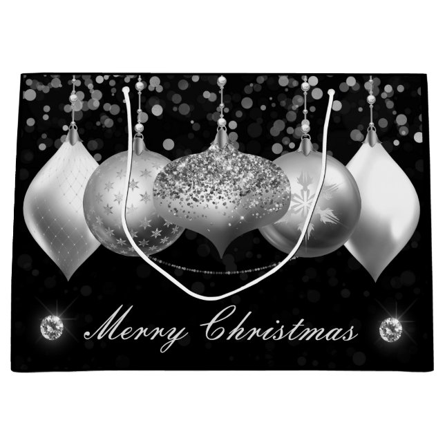 Grand Sac Cadeau Élégante Parties scintillant Argent Baubles Joyeux (Devant)
