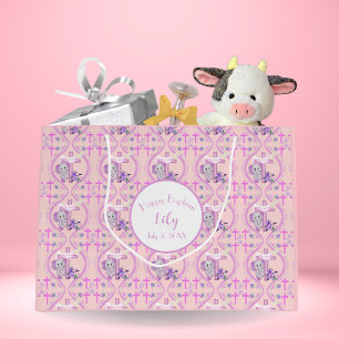Grand Sac Cadeau Éléphant bébé rose avec colombe et baptême à la cr