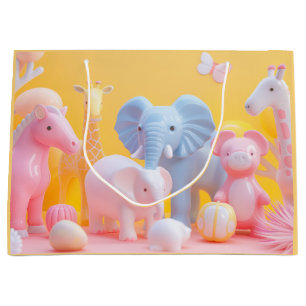 Grand Sac Cadeau éléphant bleu, cheval rose sur jaune