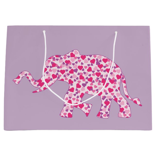Grand Sac Cadeau Eléphant composé de petits coeurs roses (Devant)