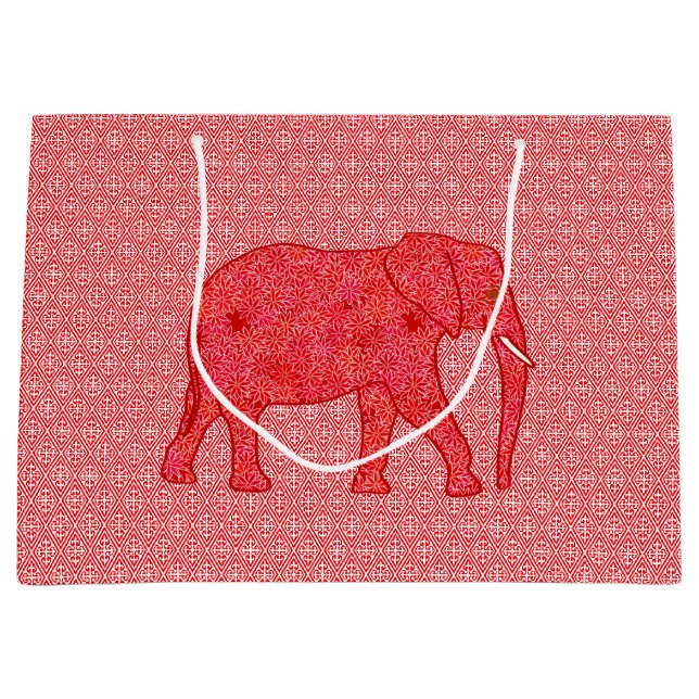Grand Sac Cadeau Eléphant de fleurs, rouge profond et corail (Devant)