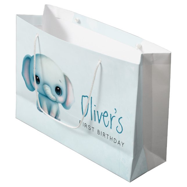 Grand Sac Cadeau Elephant garçon 1er anniversaire (Devant Angle)