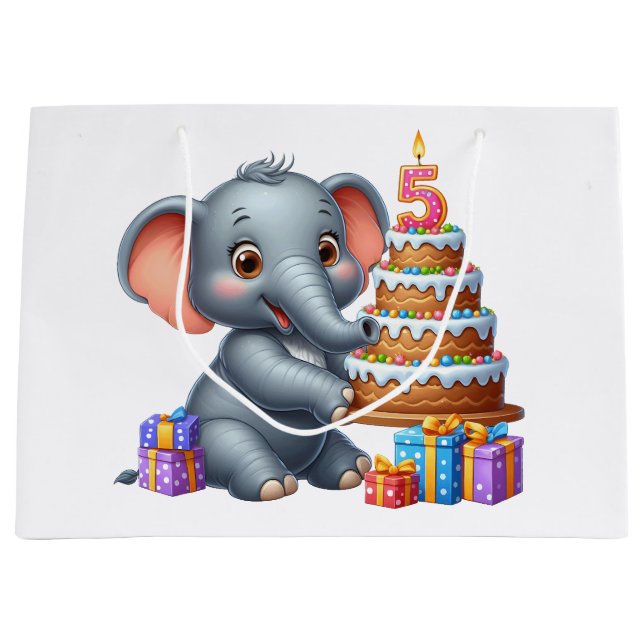 Grand Sac Cadeau Éléphant Mignon 5ème Anniversaire (Devant)