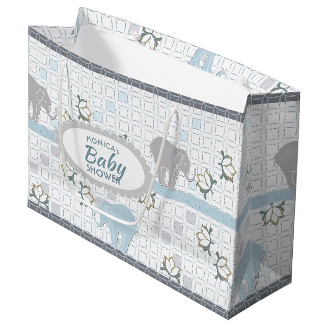 Grand Sac Cadeau Elephant Safari bleu | BABY SHOWER (Devant Angle)