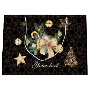 Grand Sac Cadeau Emballage cadeau de Noël personnalisé noir et or