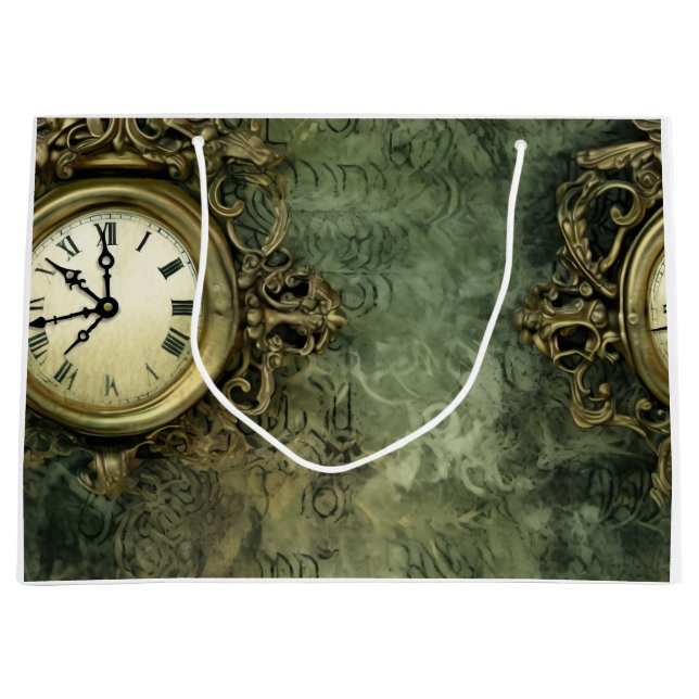 Grand Sac Cadeau Émeraude Green Rustic Steampunk Horloge (4) (Devant)