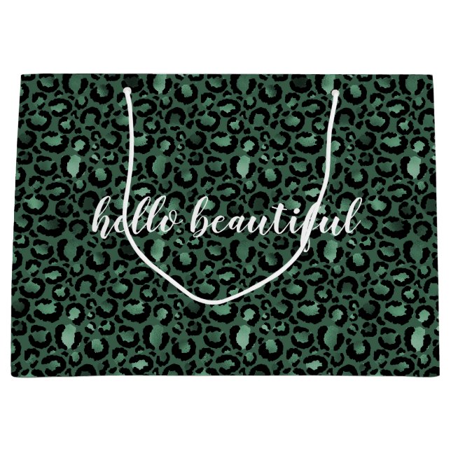 Grand Sac Cadeau Empreinte de léopard Emerald Green devis personnal (Devant)