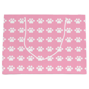 Grand Sac Cadeau Empreintes de pattes sur l'arrière - plan rose