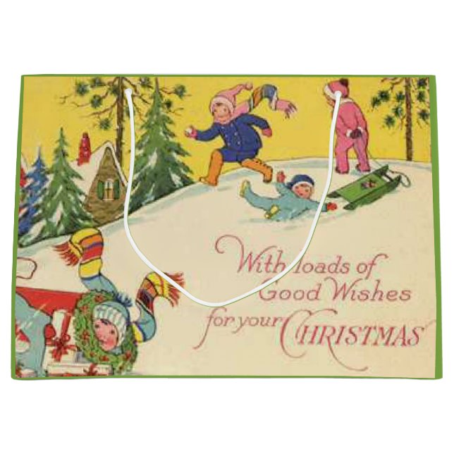 Grand Sac Cadeau Enfants en traîneau sur la colline enneigée - look (Devant)