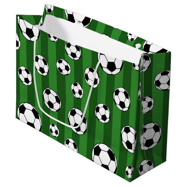 Grand Sac Cadeau Enfants Motif de balle de football sur les rayures (Devant Angle)