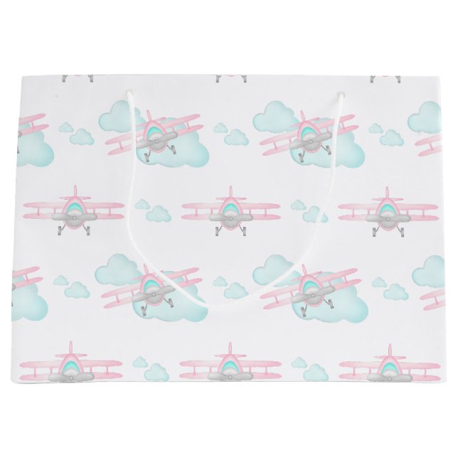 Grand Sac Cadeau Enfants Pink Avion Volant Aviation Anniversaire (Devant)