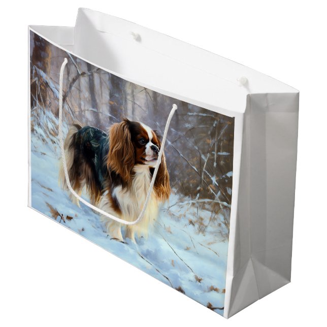 Grand Sac Cadeau English Toy Spaniel Laisser Neige Noël (Devant Angle)