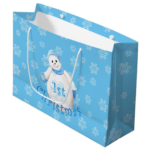 Grand Sac Cadeau Ęrs bonhomme de neige et flocons de neige de Noël (Devant Angle)