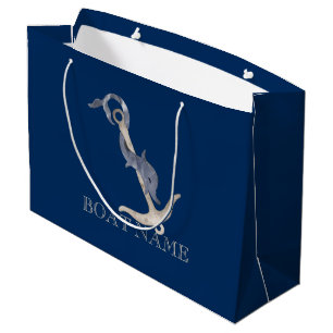 Grand Sac Cadeau Esprit Nautique Ancre Dauphin Bleu Marine