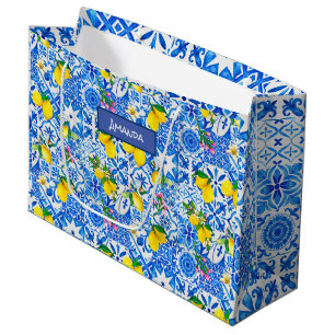 Grand Sac Cadeau Eté majolica bleu Sicilienne agrumes méditerranéen