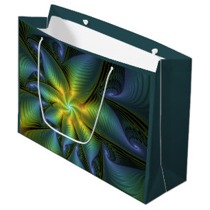 Grand Sac Cadeau Etoile Abstraite, Bleu brillant Vert Or Fractal Ar