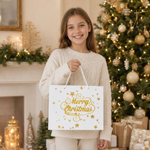 Grand Sac Cadeau Étoiles de Noël élégantes en or