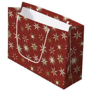 Grand Sac Cadeau Etoiles de Noël Gold Geo - sur motif rouge.