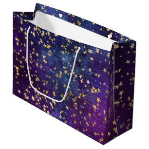 Grand Sac Cadeau Étoiles Dorées Célestes sur Fond de Galaxie Pourpr
