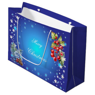 Grand Sac Cadeau Étoiles et Baies Rouges sur Fond Bleu Profond Joye