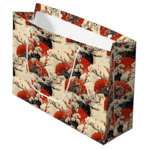Grand Sac Cadeau Éventail à motif de fleurs de cerisier japonais (5