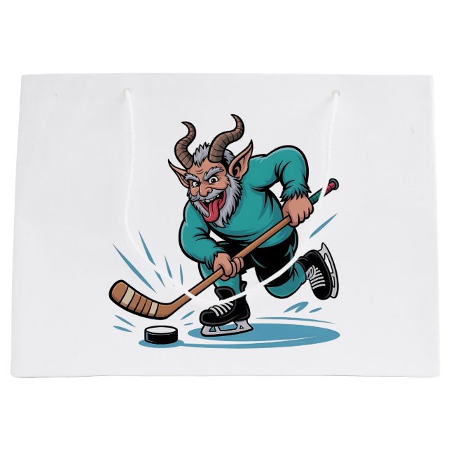Grand Sac Cadeau Evil Krampus Jouer Hockey sur glace Sport de Noël (Devant)