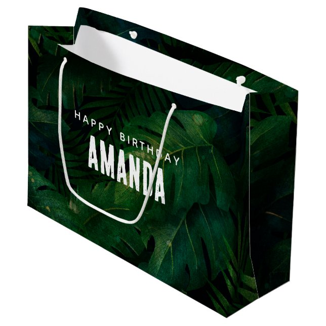 Grand Sac Cadeau Exotic Dark Green Feuilles tropicaux Anniversaire (Devant Angle)