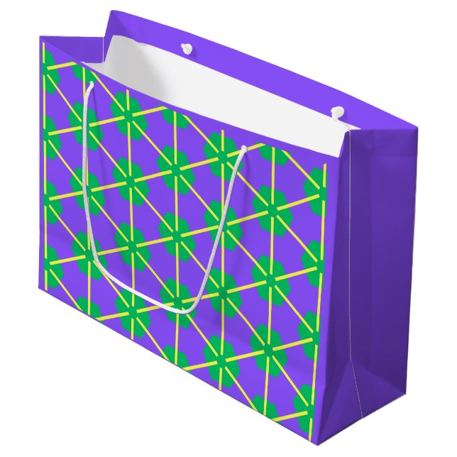 Grand Sac Cadeau Explosion géométrique en violet, vert et jaune (Devant Angle)