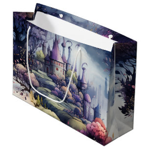 Grand Sac Cadeau Fairytale en Fairyland bleu foncé pourpre et vert