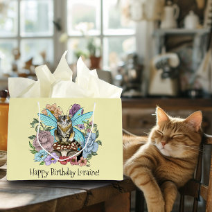 Grand Sac Cadeau Fantaisie Pastel Chat Féerique Tigré Floral