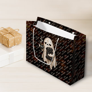 Grand Sac Cadeau Fantôme Grincheux Tenant un Chien Pug Noir Meh Hal