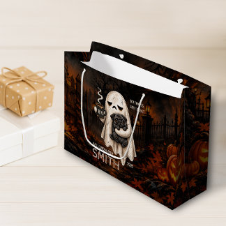 Grand Sac Cadeau Fantôme Grincheux Tenant un Chien Pug Noir Meh Hal