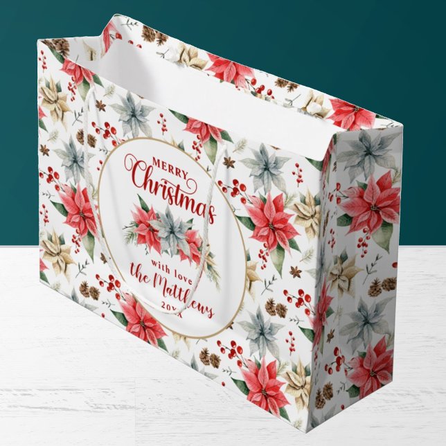 Grand Sac Cadeau Farmhouse Poinsettia Rustic Merry Christmas (Créateur téléchargé)