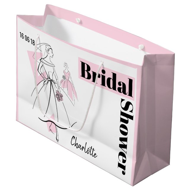Grand Sac Cadeau Fashion Bride Fête des mariées rose Date Nom L ros (Devant Angle)