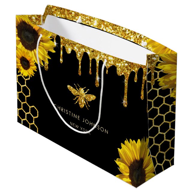 Grand Sac Cadeau fausse parties scintillant abeille et tournesol (Dos Angle)