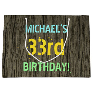 Grand Sac Cadeau Faux Bois, Aspect Texte Peint, 33e Anniversaire +