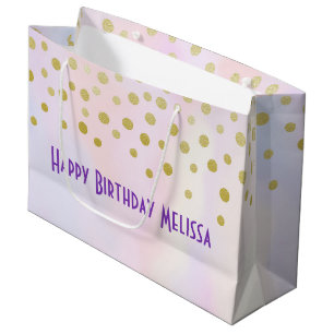 Grand Sac Cadeau Faux Gold Confetti sur Purple Aquarelle