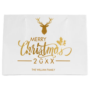 Grand Sac Cadeau Faux Gold Foil Deer Joyeux Noël personnalisé