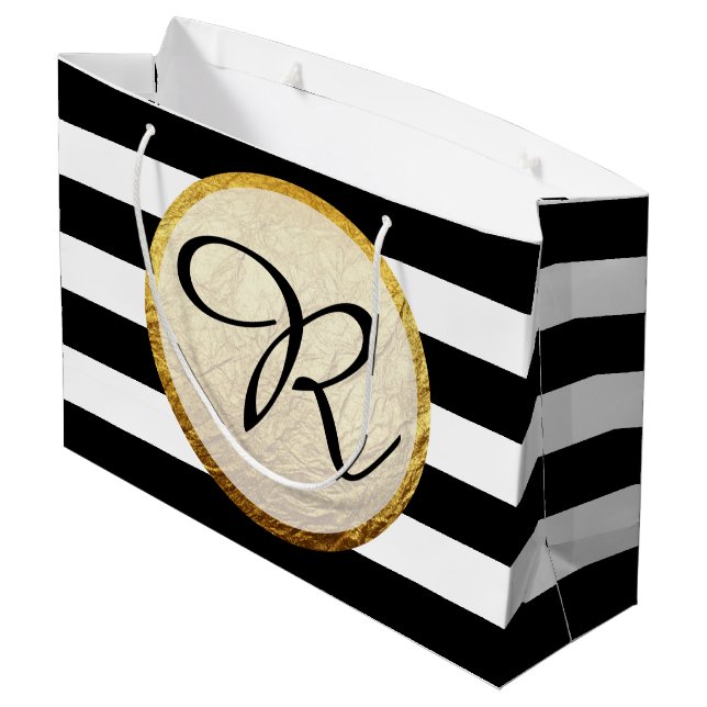 Grand Sac Cadeau Faux Gold Foil Noir Blanc Blancs Monogramme (Dos Angle)