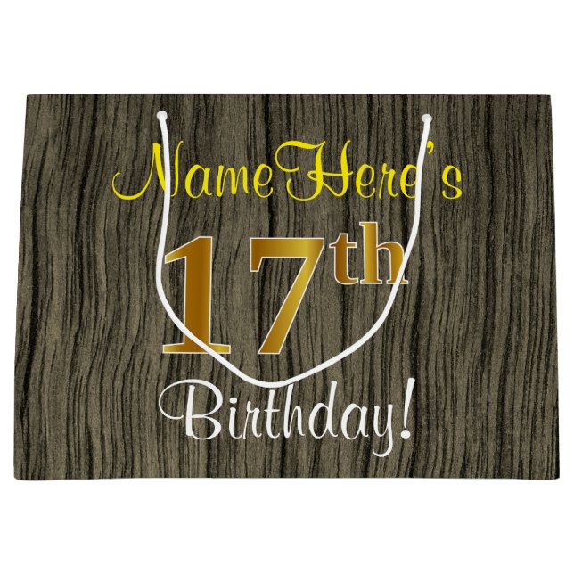 Grand Sac Cadeau Faux Wood Look, Faux Gold 17e anniversaire + Nom (Devant)