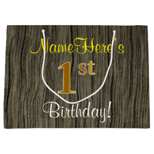 Grand Sac Cadeau Faux Wood Look, Faux Gold 1er Anniversaire + Nom